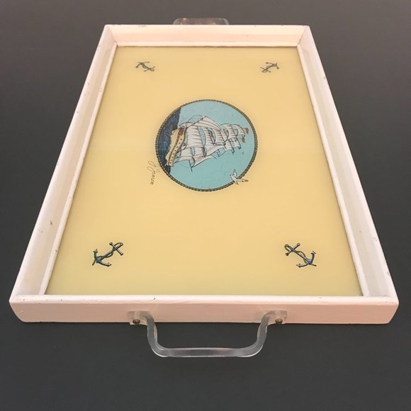 Vintage J. Jensen Foil Art Reverse Silhouettes Glass and Wood Tray with Lucite - Picture 3 of 4